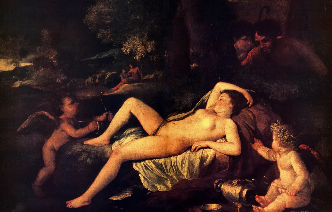 Фото обои женщина, ангелы, Sleeping, наблюдают, Poussin Nicholas, Venus And Cupid