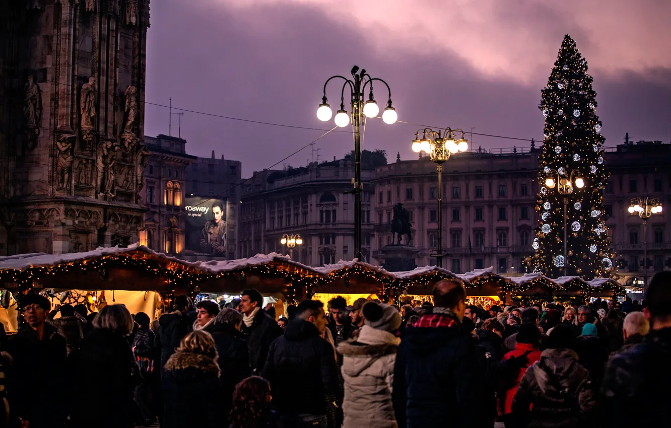 Фото обои город, ёлка, Милан, Milano, The Christmas tree, Piazza Duomo