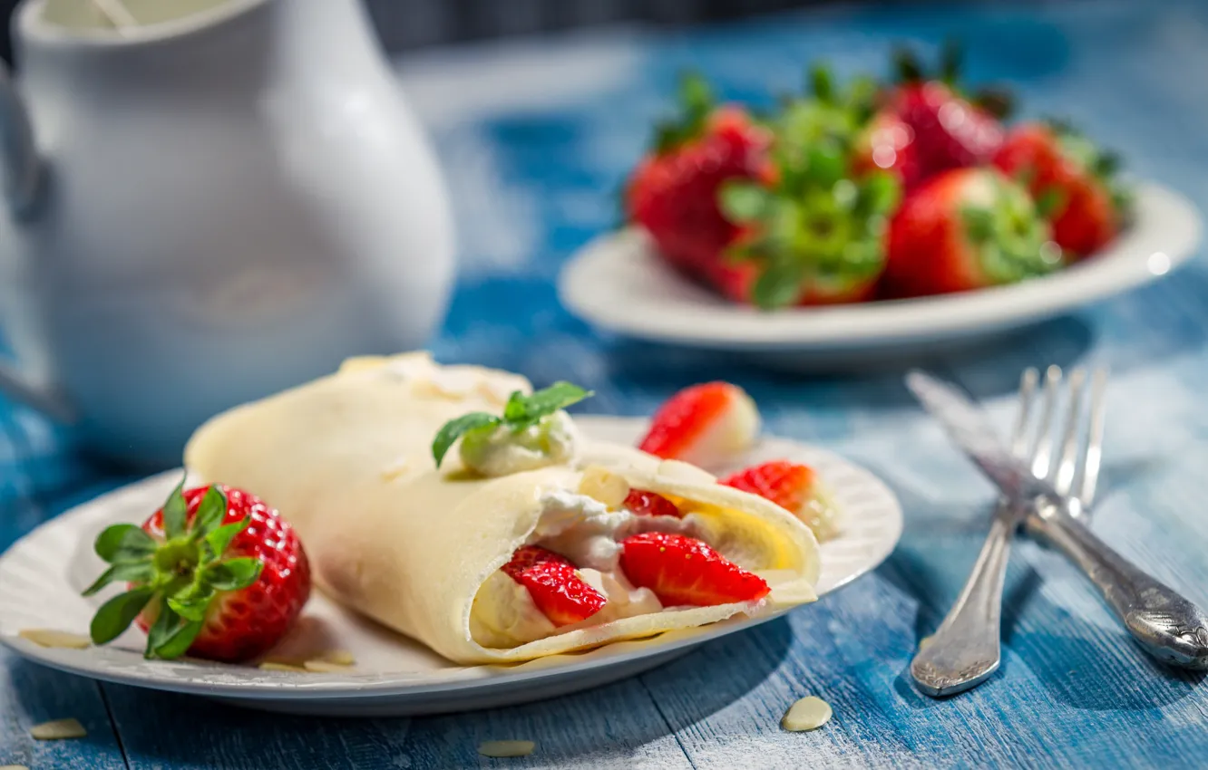 Фото обои ягоды, клубника, berries, блинчики, pancakes, strawberries, Вкусный десерт, Delicious dessert
