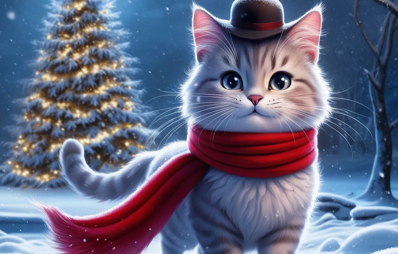 Фото обои зима, иней, кошка, кот, усы, взгляд, снег, ночь