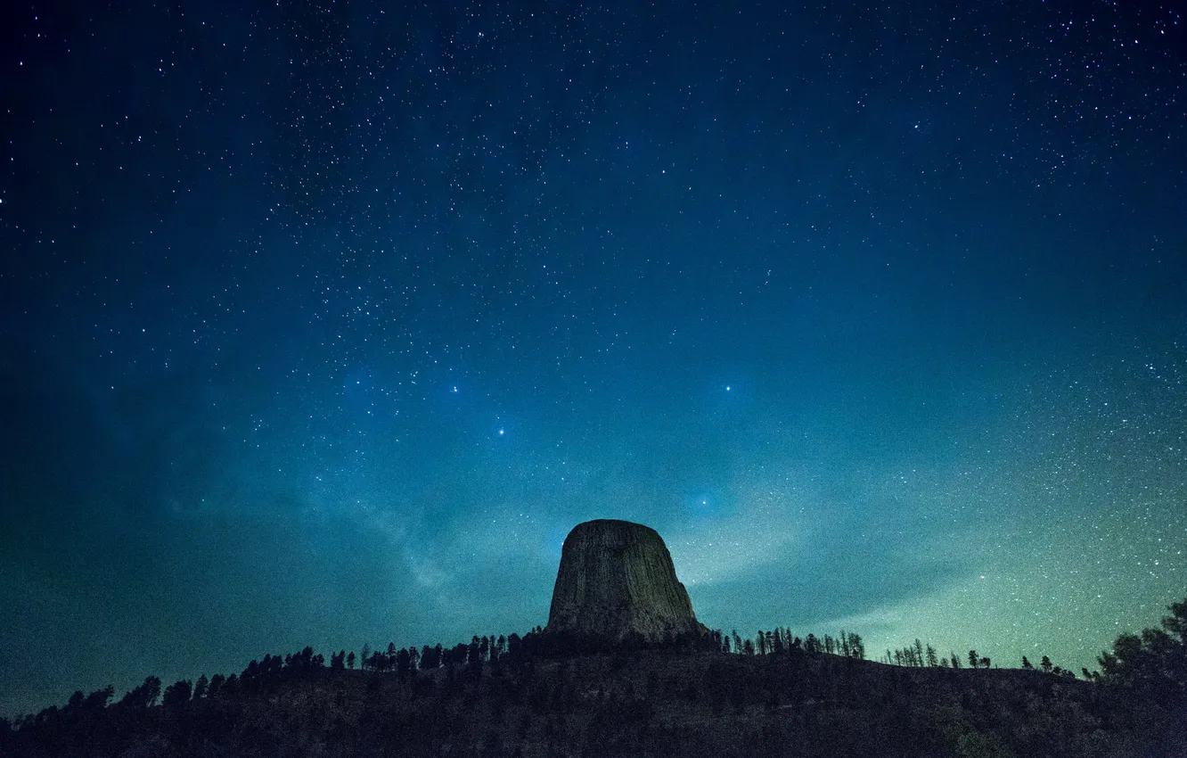 Фото обои небо, звезды, деревья, синий, камень, Вайоминг, Соединенные Штаты, Башня Дьявола