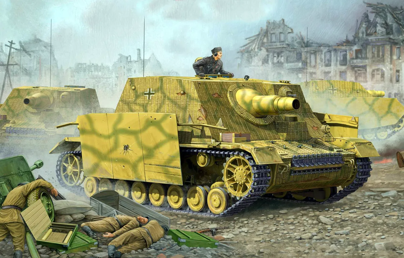 Фото обои рисунок, арт, САУ, штурмовое орудие, Flames of War, немецкая самоходно-артиллерийская установка, Sturmpanzer IV, Бронетехника