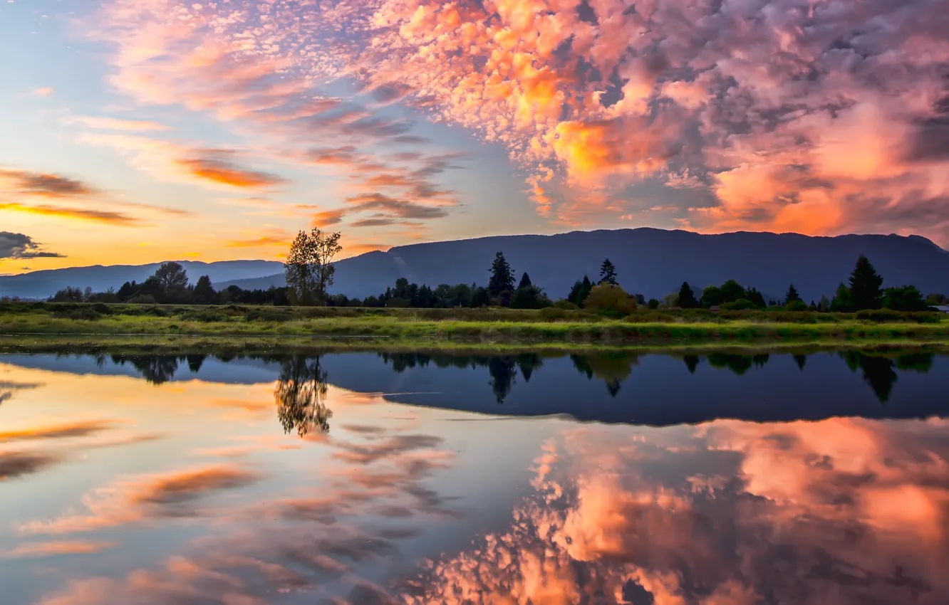 Фото обои облака, деревья, пейзаж, закат, горы, природа, озеро, отражение