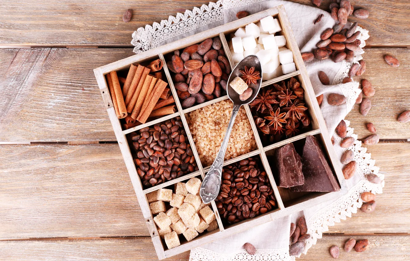 Фото обои кофе, шоколад, зерна, сахар, орехи, корица