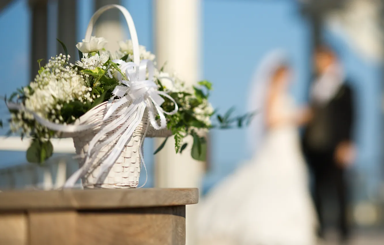Фото обои цветы, корзина, букет, лента, невеста, свадьба, боке, жених