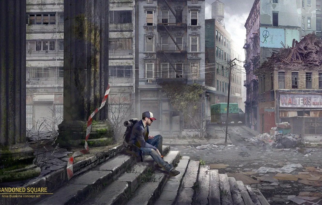 Фото обои город, разруха, ступеньки, парень, пост-апокалипсис
