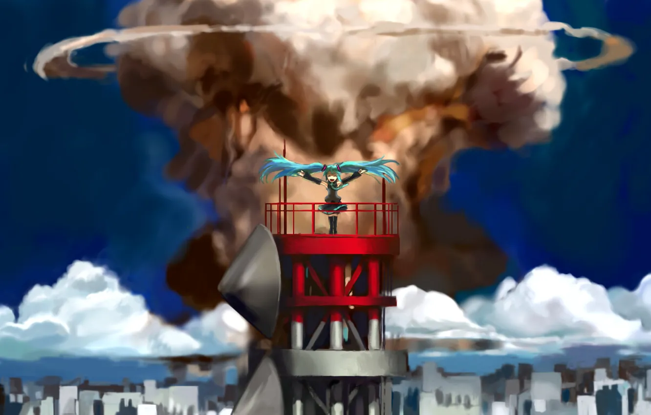 Фото обои девушка, город, башня, аниме, панорама, ядерный взрыв, Hatsune Miku, Vocaloid