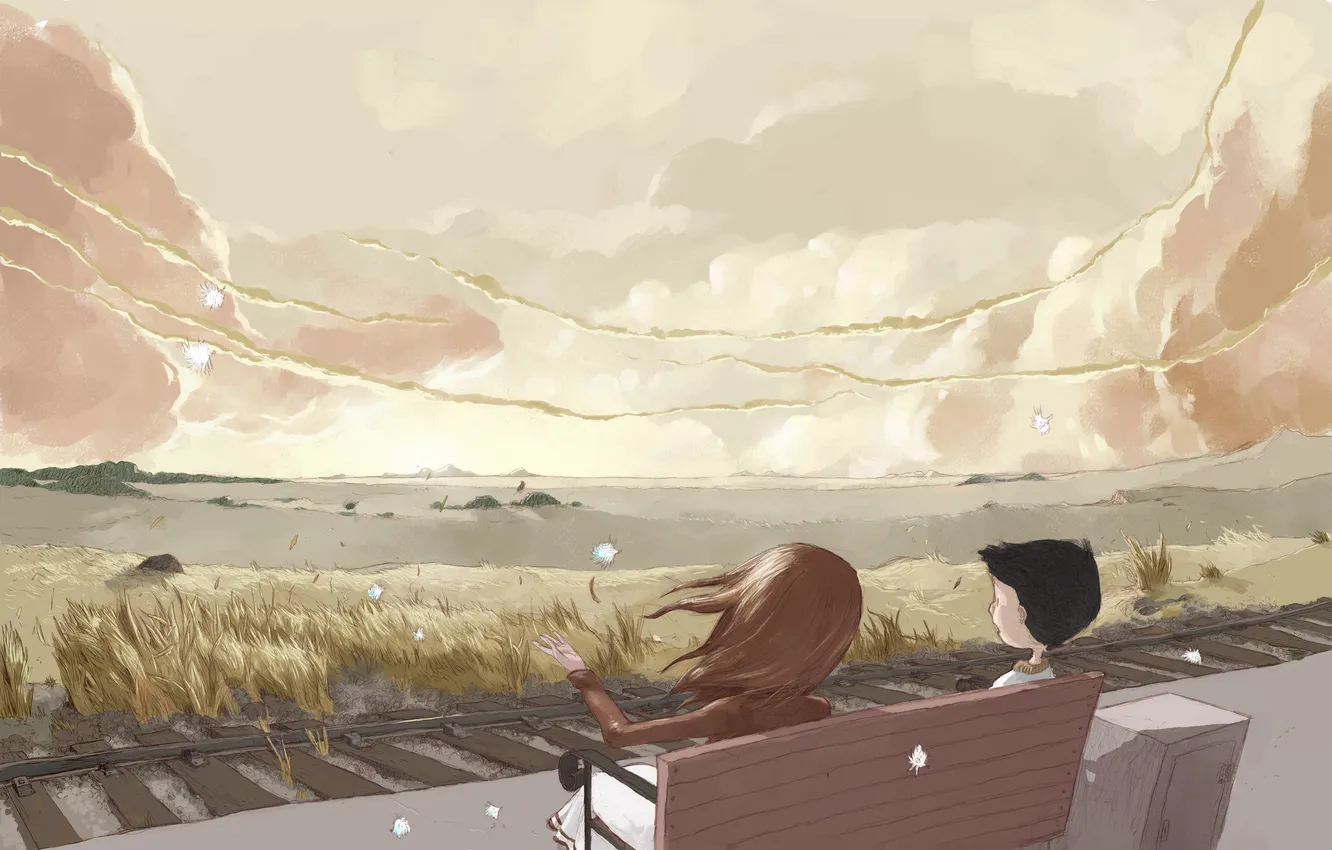Фото обои горы, скамейка, ветер, рельсы, мальчик, горизонт, пух, девочка