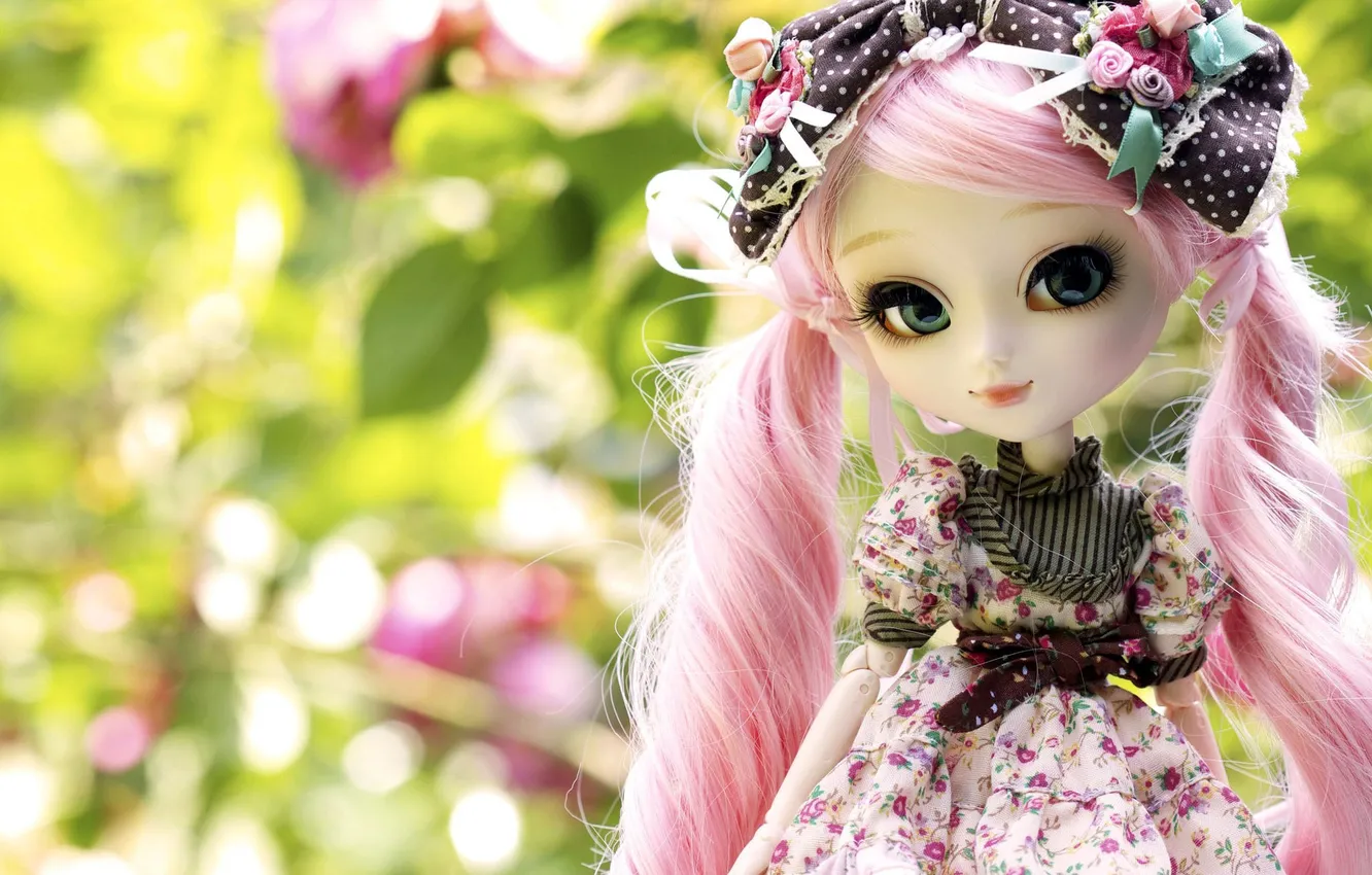 Фото обои природа, игрушка, кукла, розовые, локоны