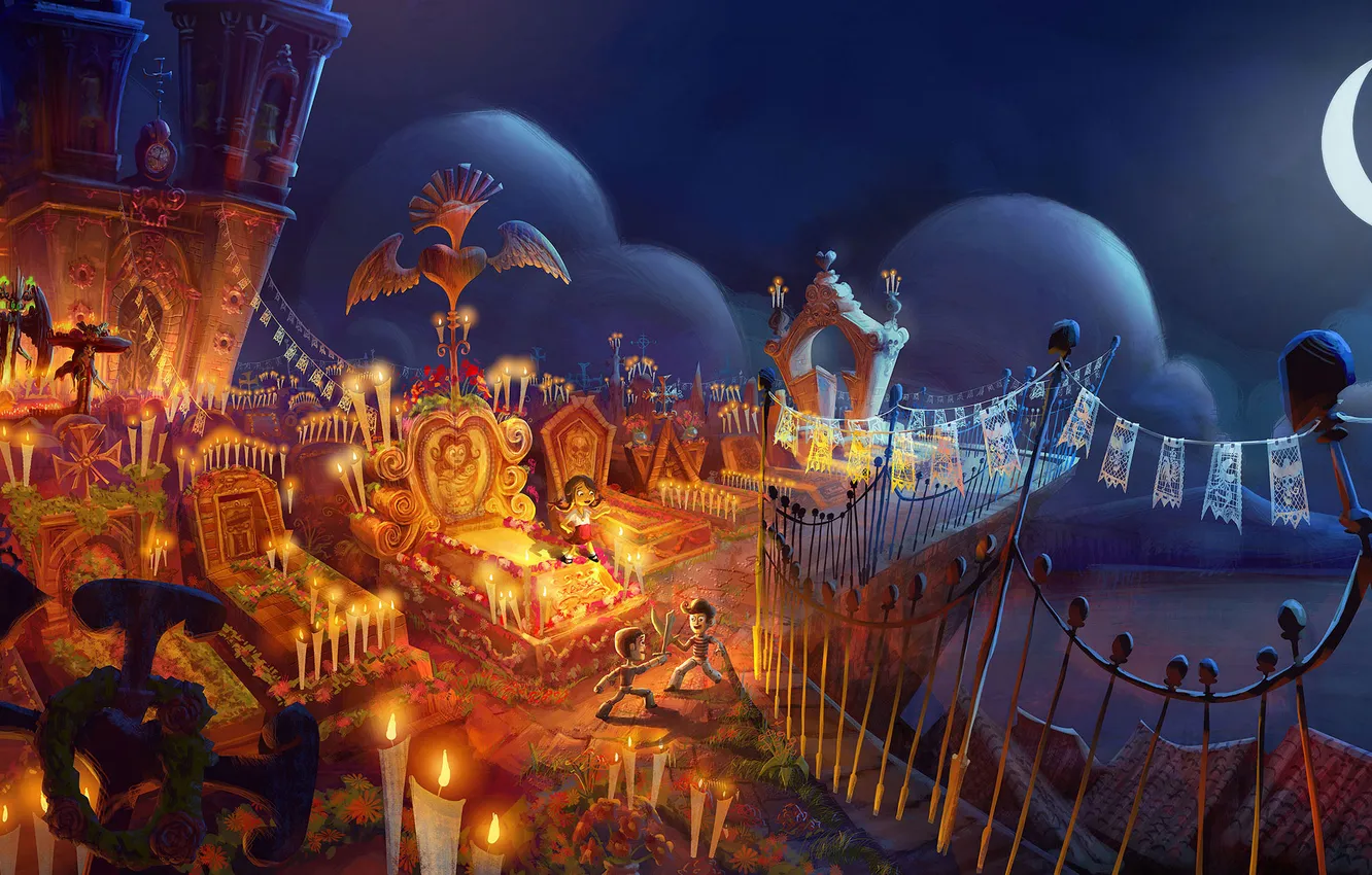 Фото обои ночь, дети, мультфильм, кладбище, The Book of Life