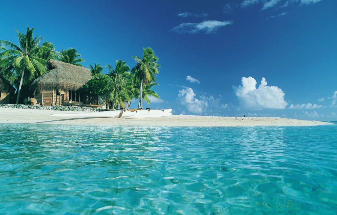 Фото обои пляж, вода, прозрачность, пальмы, океан, домики, Tahiti, Pearl beach