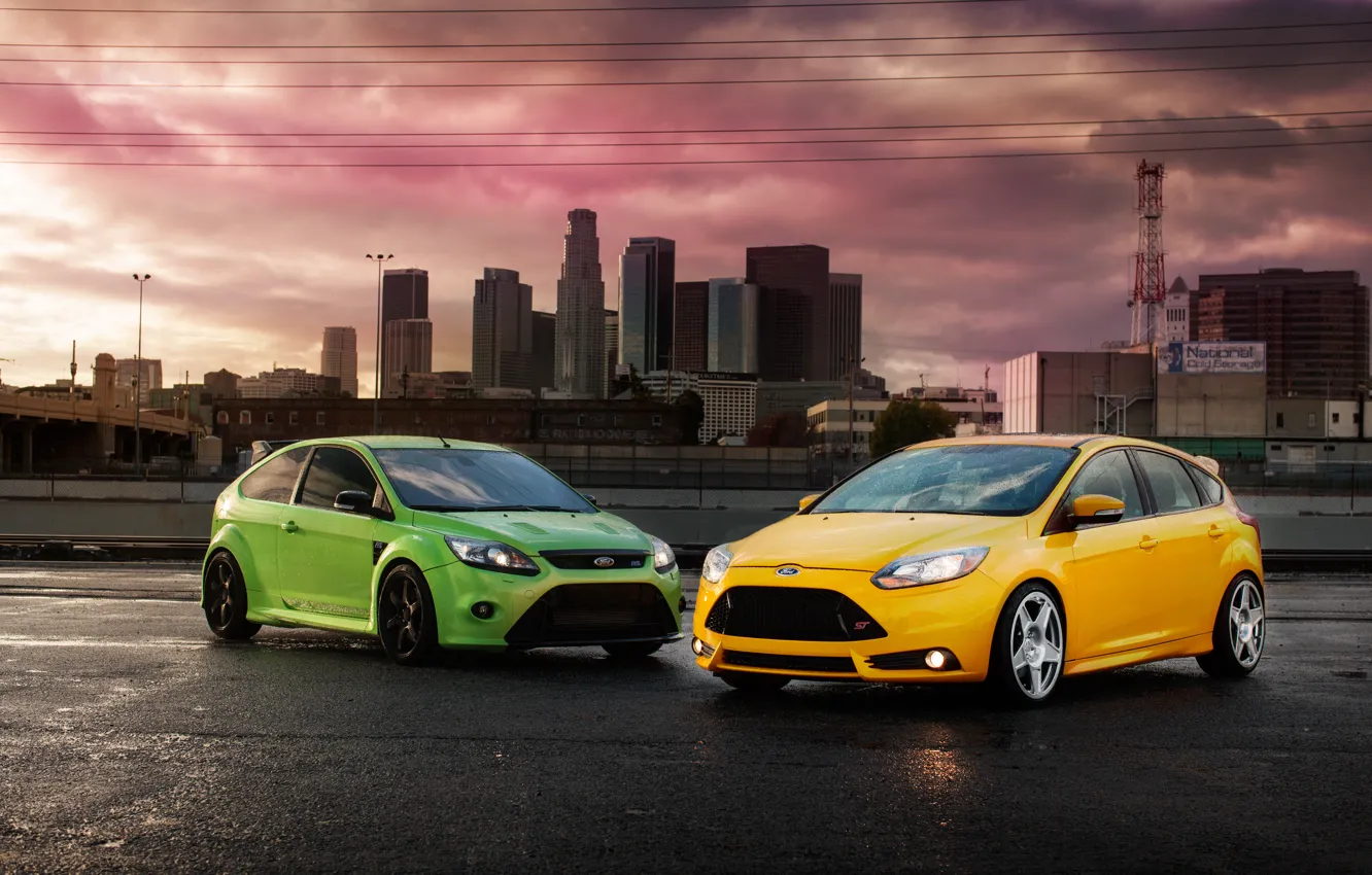 Фото обои Ford, Желтый, Город, Зеленый, Машины, City, Focus, Cars