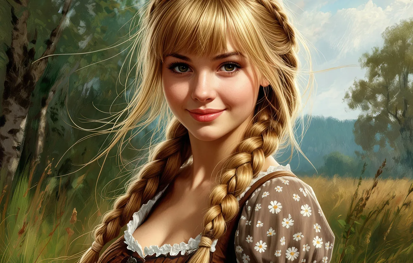 Фото обои поле, лес, грудь, взгляд, девушка, свет, деревья, природа