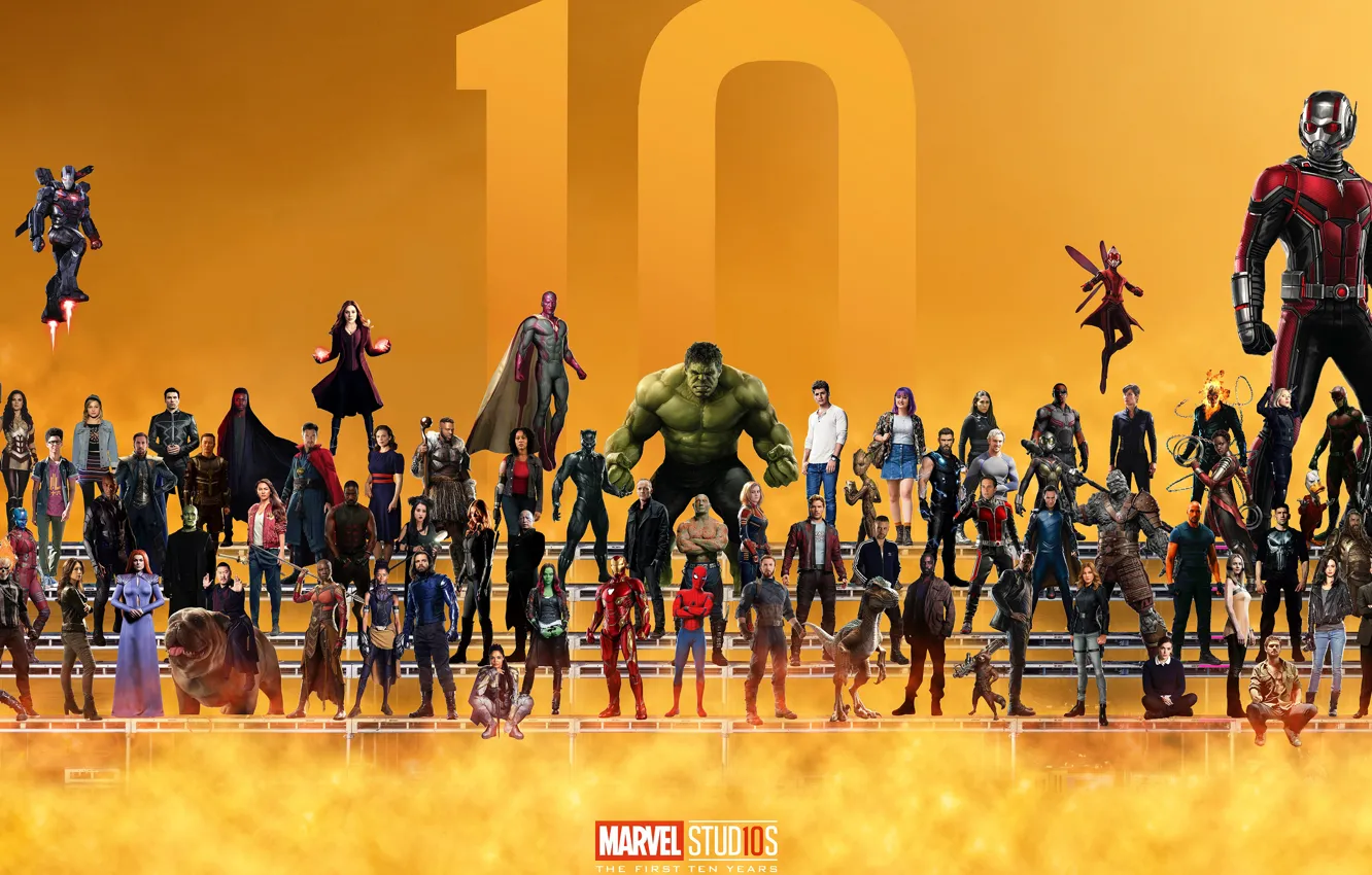 Фото обои коллаж, актёры, Superheroes, персонажи, Marvel, супергерои, жёлтый фон, 10 Year