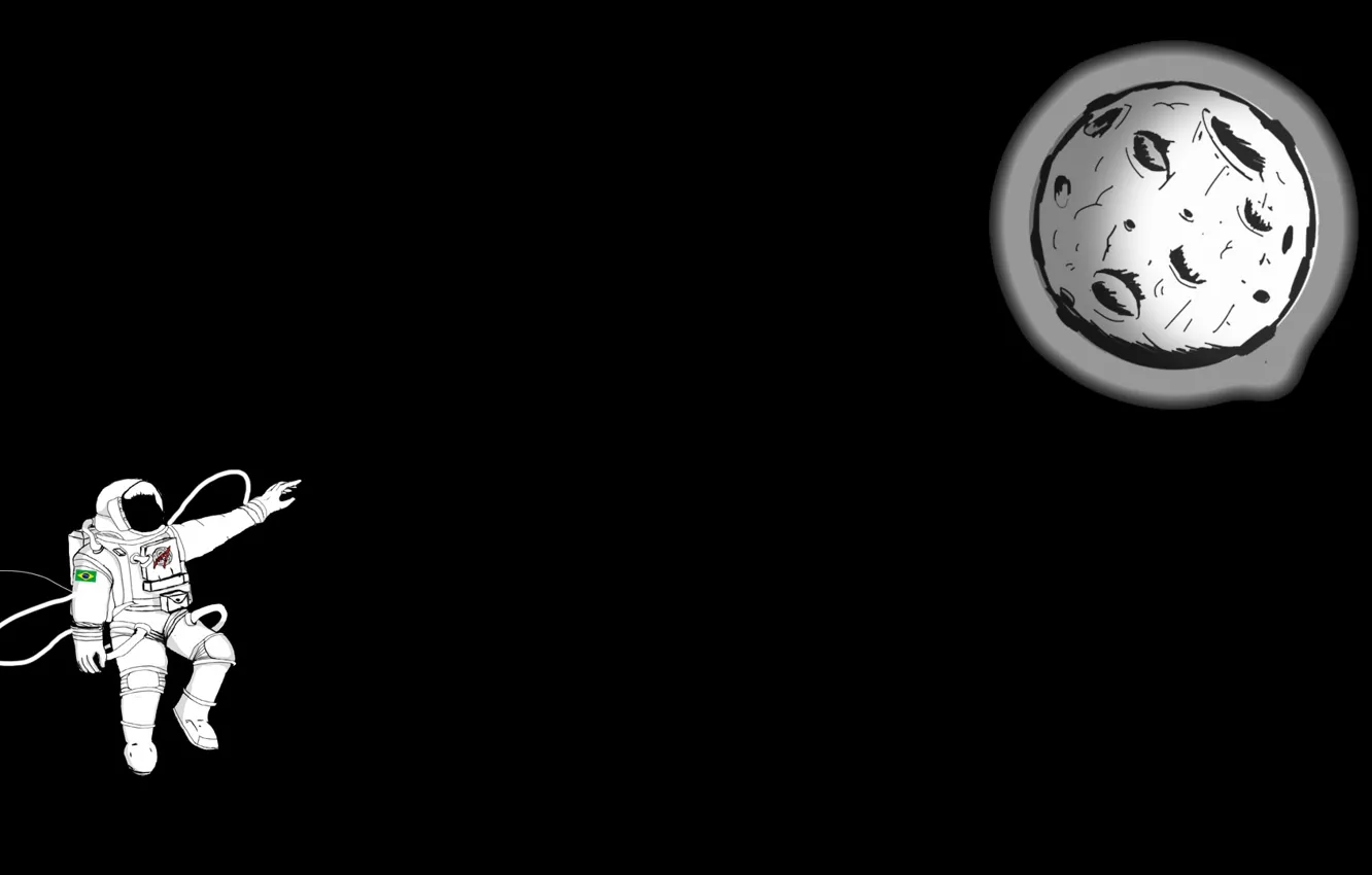 Фото обои Moon, minimalism, digital art, artwork, black background, situation, astronaut, spacesuit