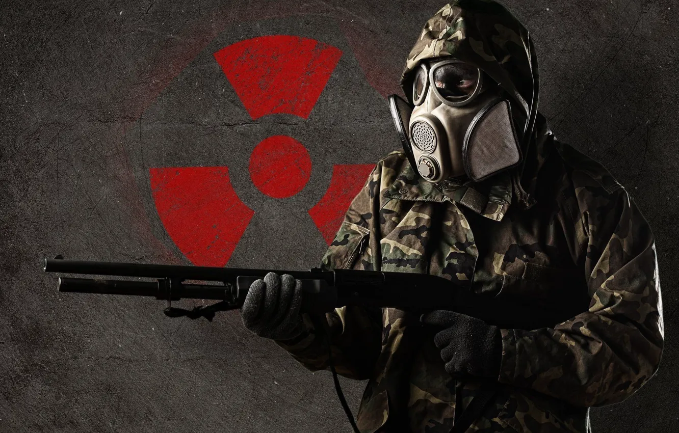 Фото обои gun, soldier, military, weapon, man, shotgun, radiation, gloves