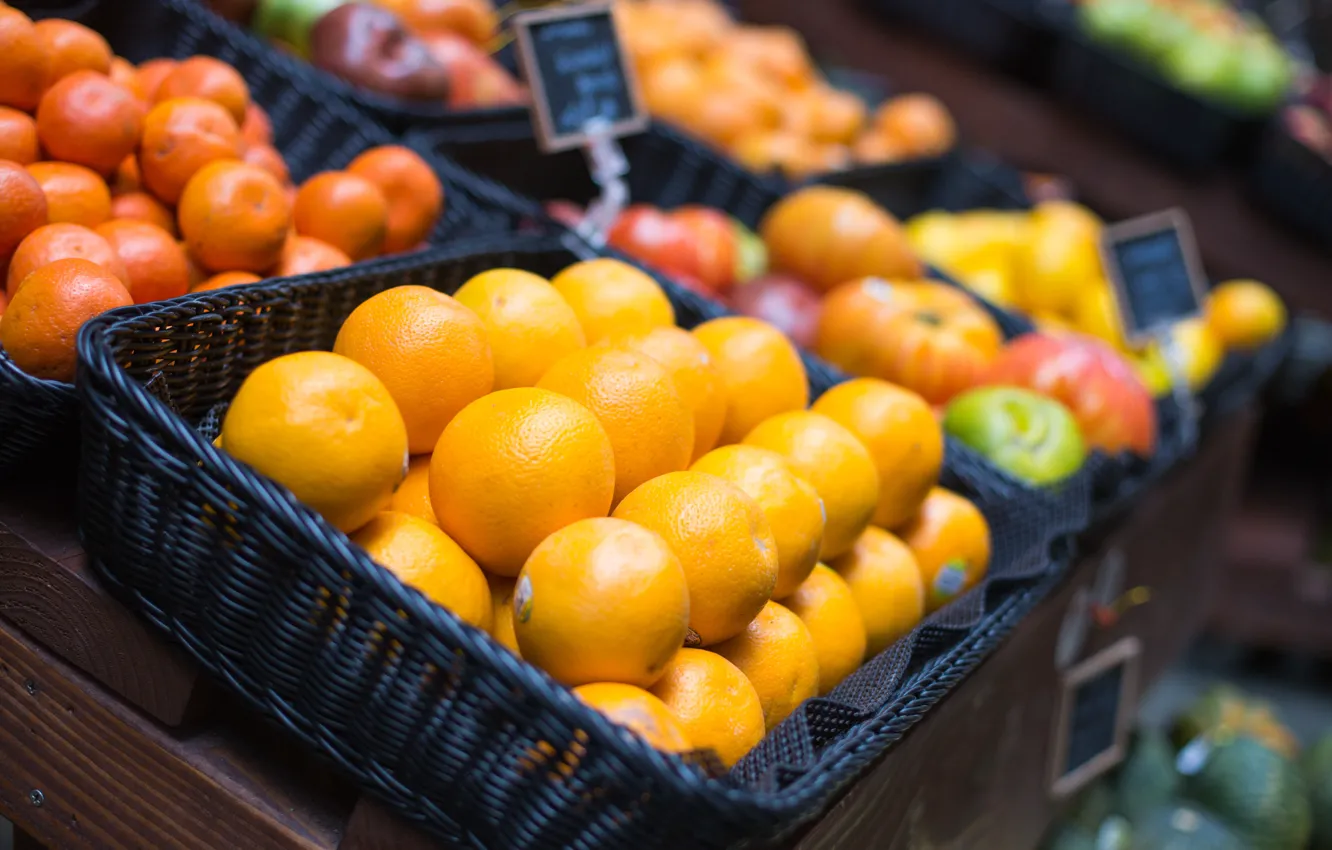 Фото обои апельсины, цитрусы, рынок, мандарины
