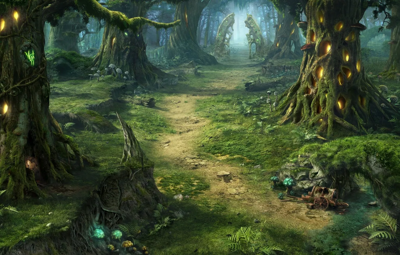 Фото обои лес, деревья, грибы, чаща, арт, дорожка, повозка, тропинка