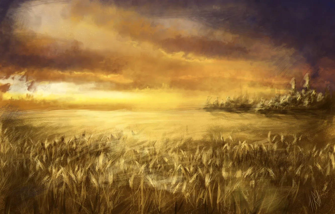 Фото обои пшеница, поле, небо, облака, арт, колосья