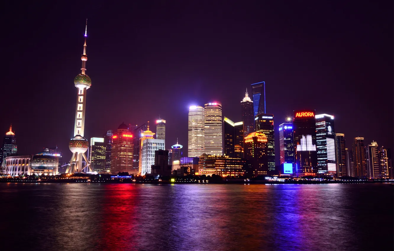 Фото обои огни, отражение, река, China, небоскребы, подсветка, Китай, Shanghai