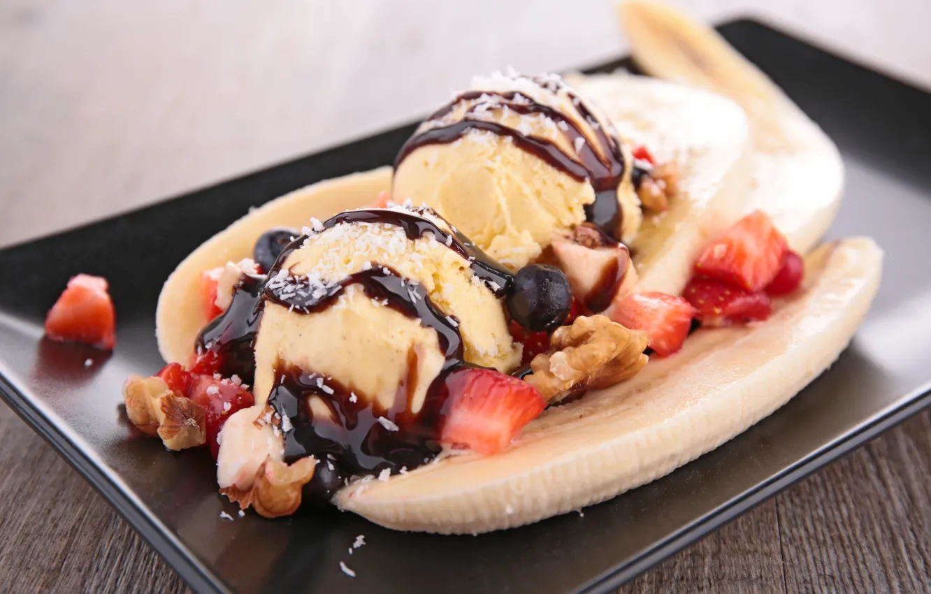 Фото обои шоколад, клубника, мороженое, банан, десерт, chocolate, banana, strawberry