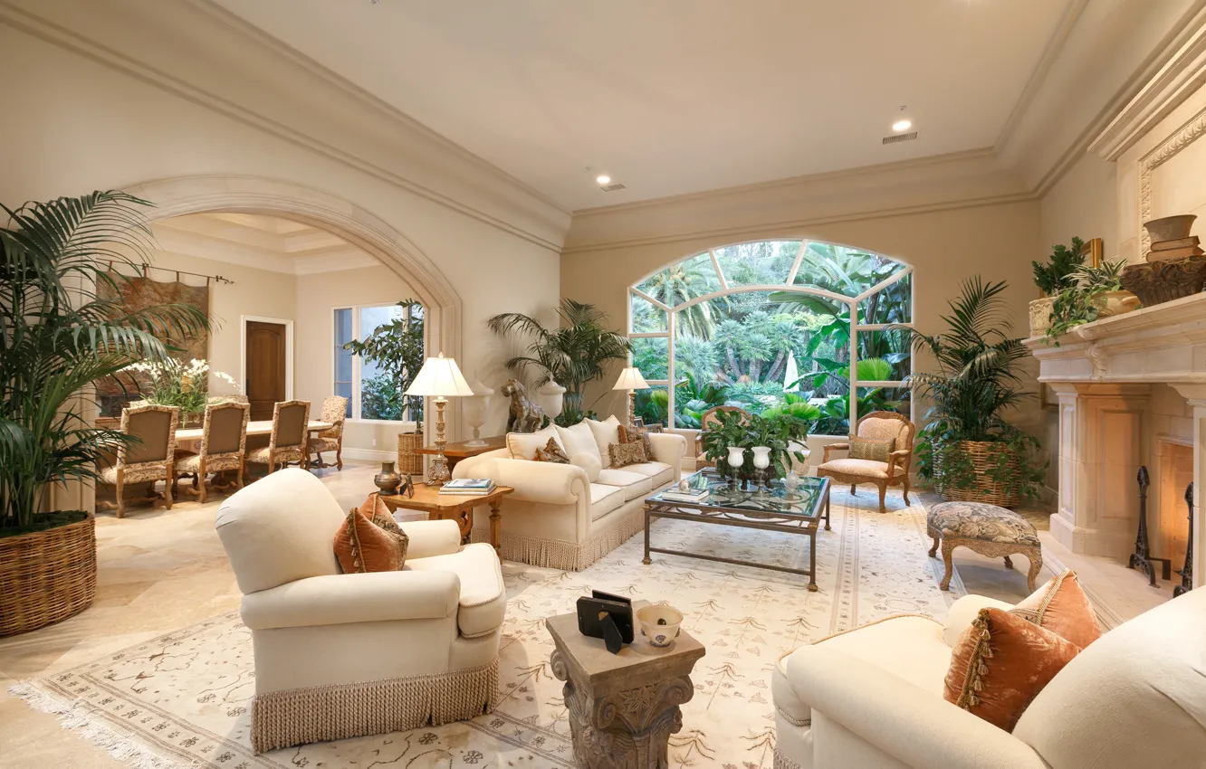 Фото обои пальмы, стол, диван, стулья, интерьер, сад, окно, кресла