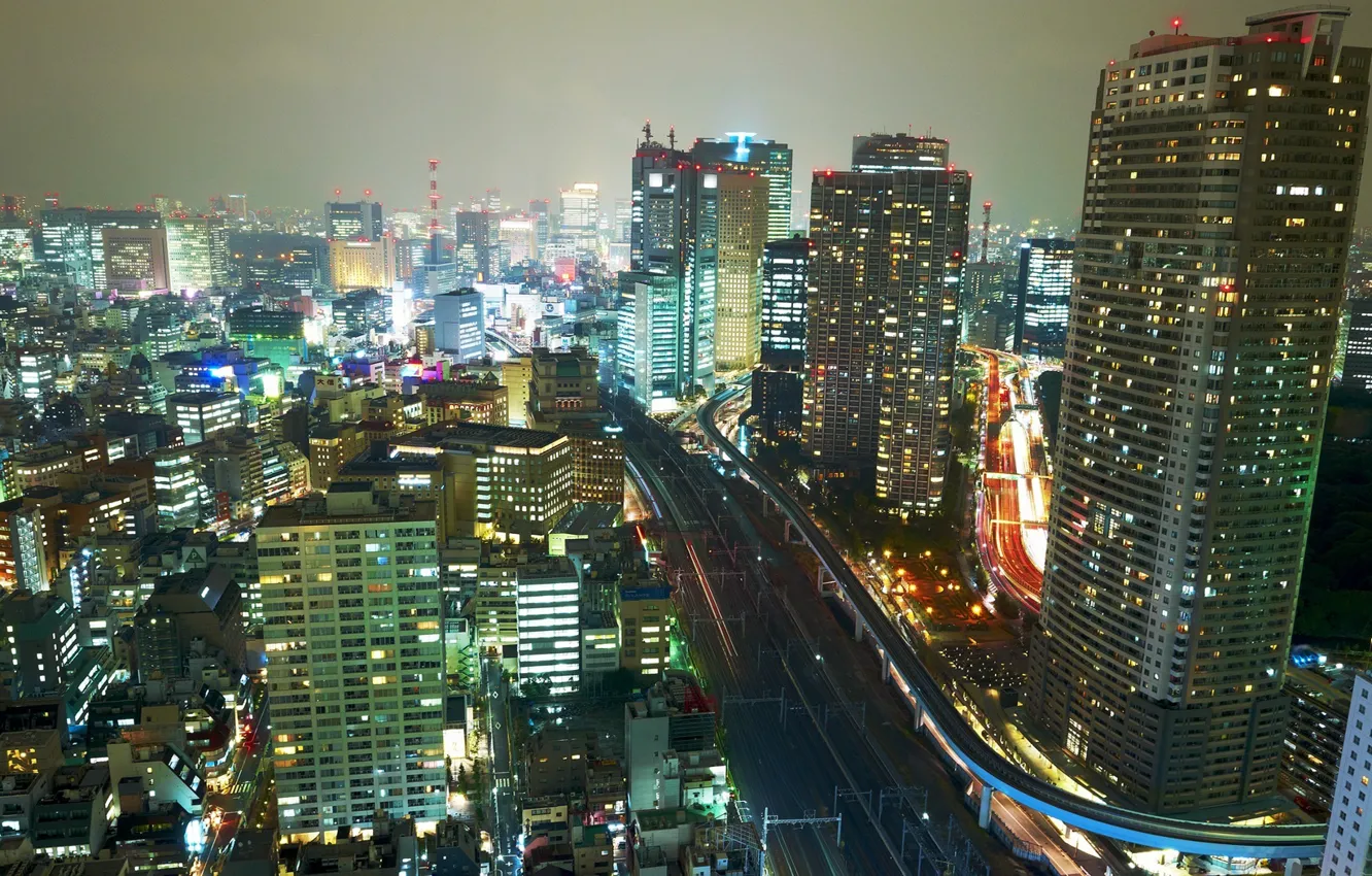 Фото обои ночь, огни, япония, здания, Japan