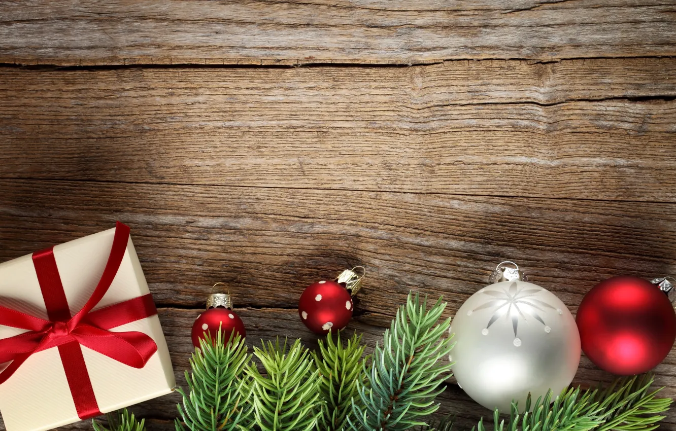 Фото обои украшения, ветки, подарок, шары, елка, Новый Год, Рождество, Christmas