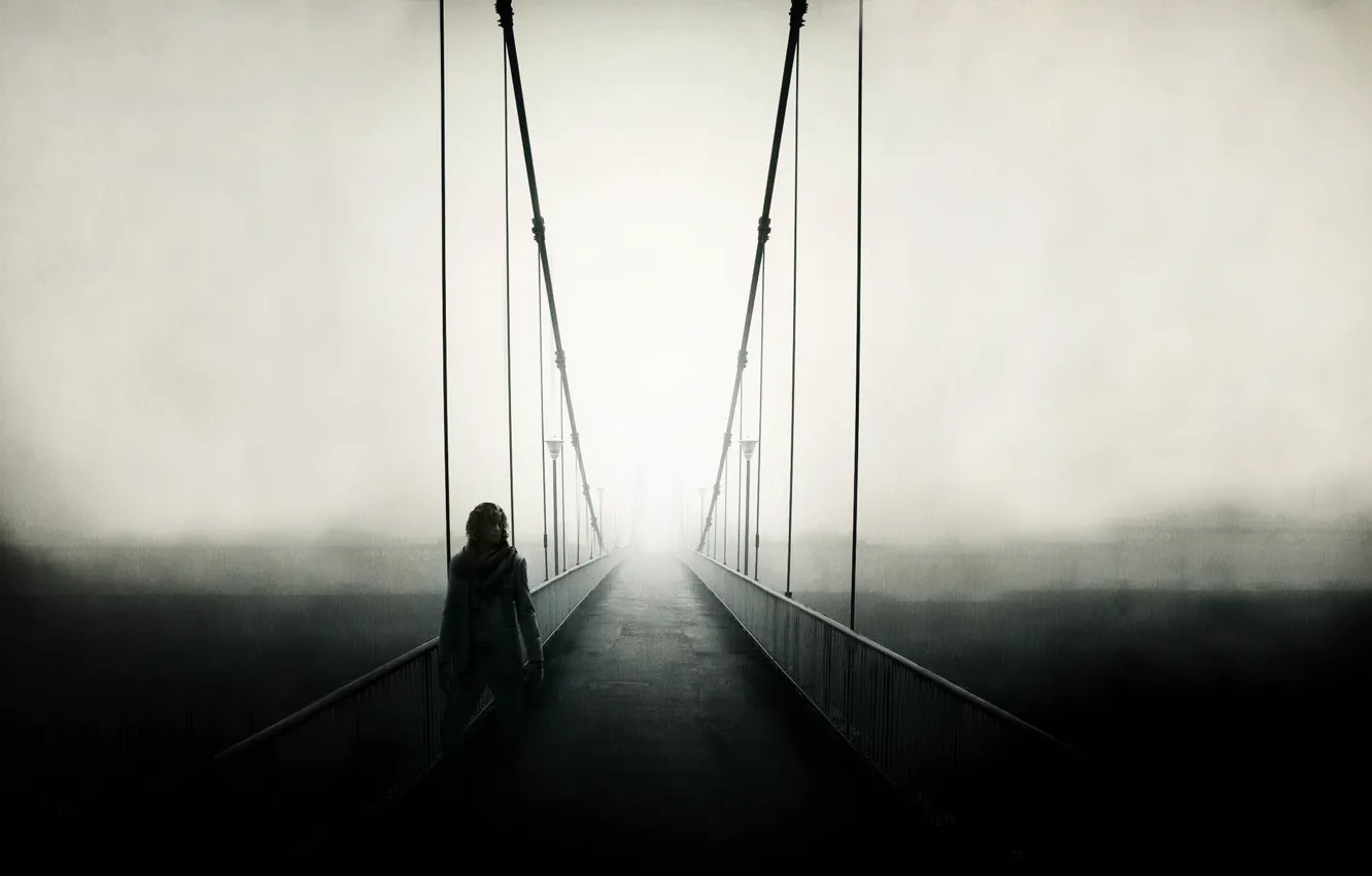 Фото обои дорога, пейзаж, мост, туман, люди, настроение, забор, человек