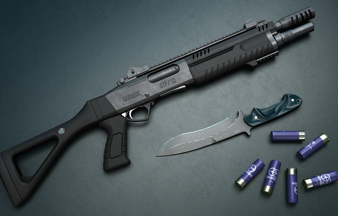 Фото обои оружие, нож, патроны, дробовик, weapon, render, рендер, shotgun