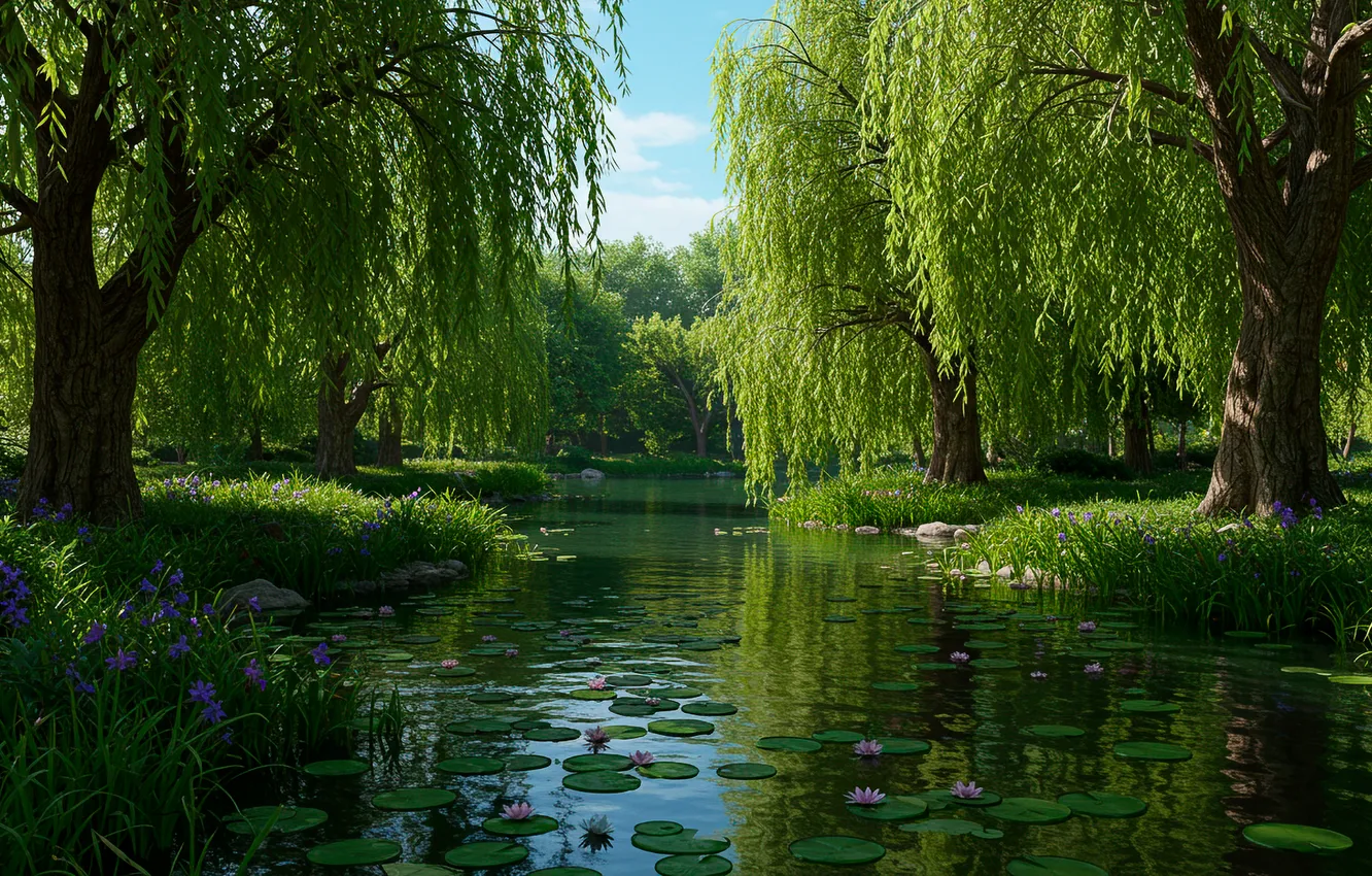 Фото обои небо, вода, пруд, sky, water, кувшинки, ивы, pond