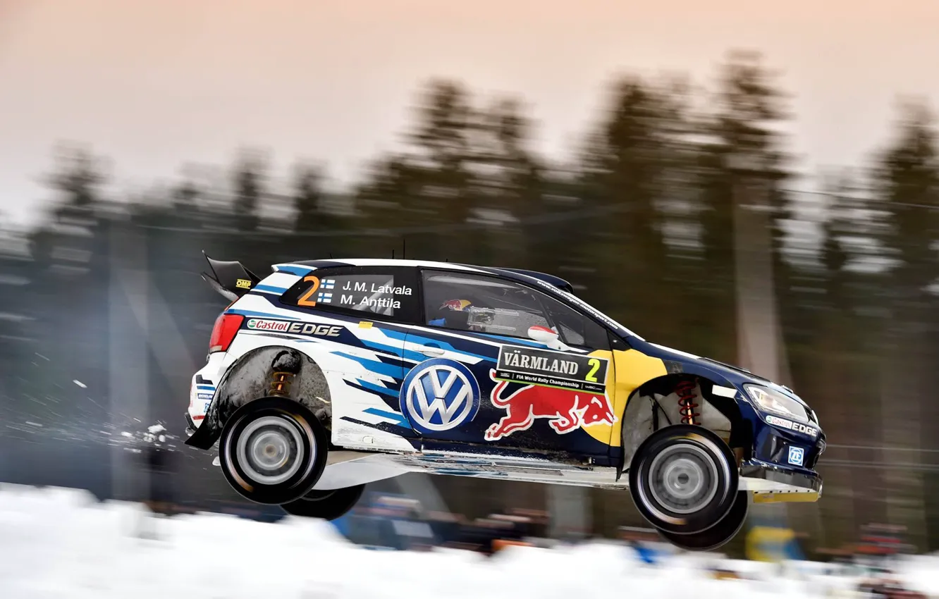Фото обои Volkswagen, Прыжок, Профиль, Sweden, WRC, Rally, Polo, Latvala