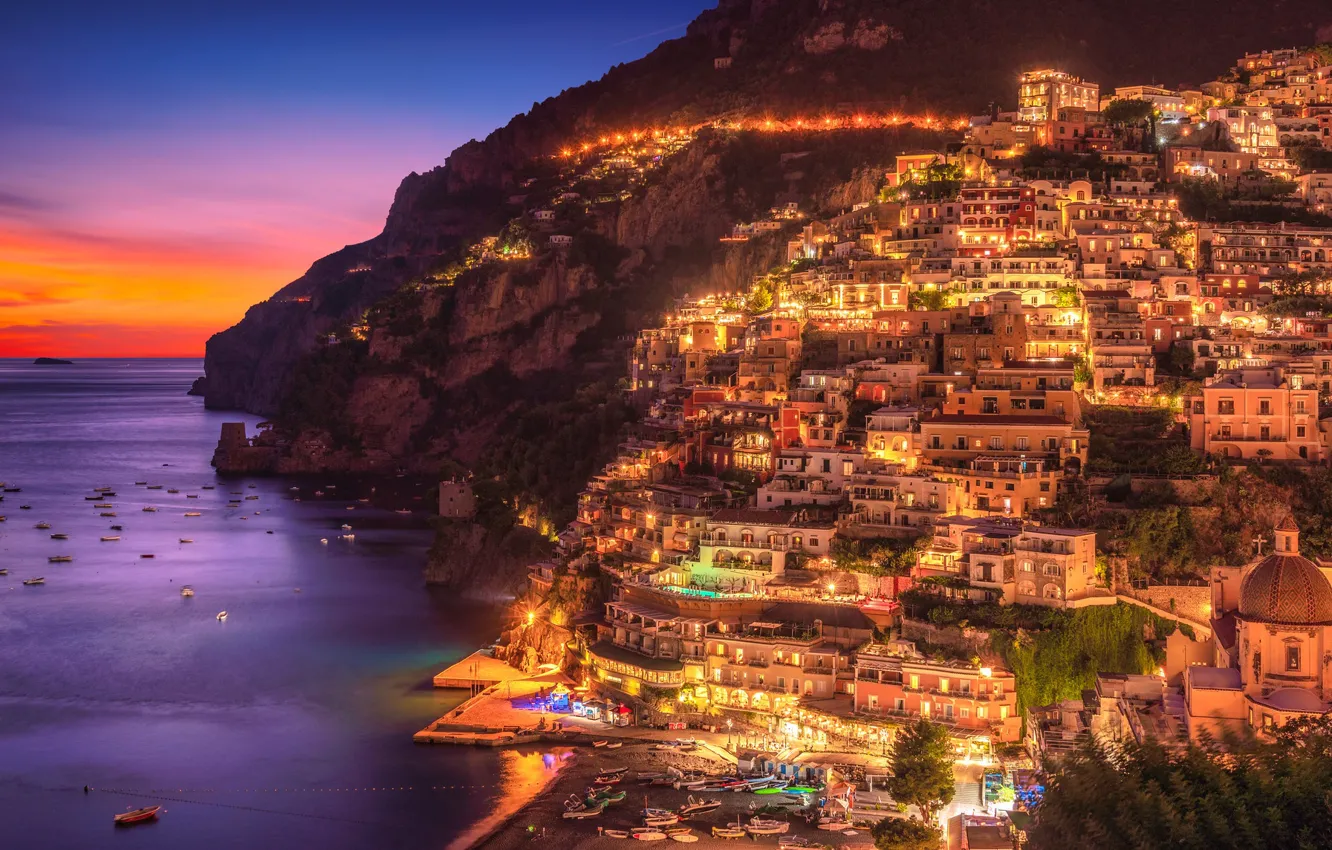 Фото обои море, ночь, огни, дома, Италия, панорама, Амальфи, Позитано