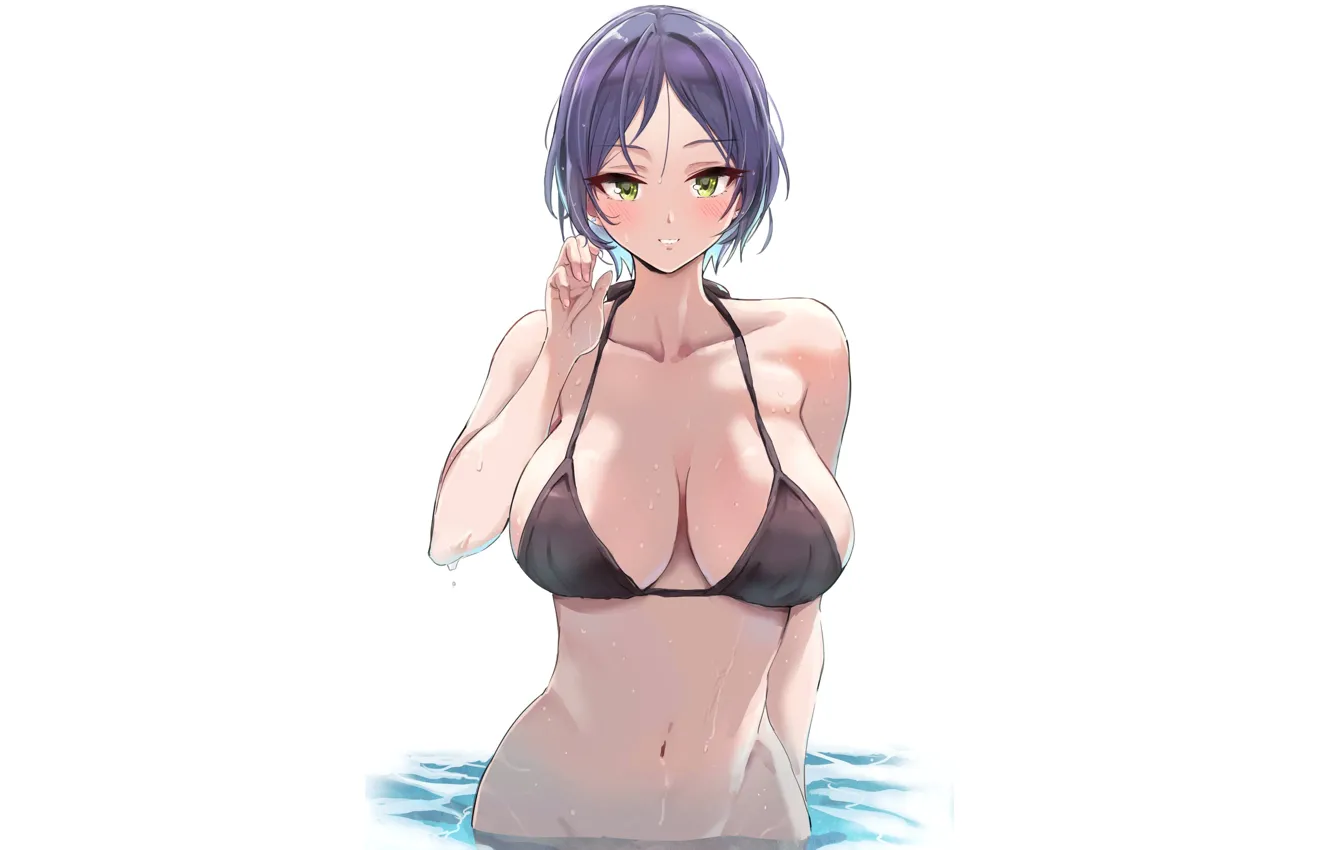 Фото обои hot, sexy, wet, boobs, anime, short hair, pretty, purple