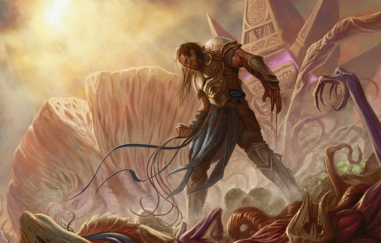 Фото обои монстр, воин, сражение, трупы, нежить, раны