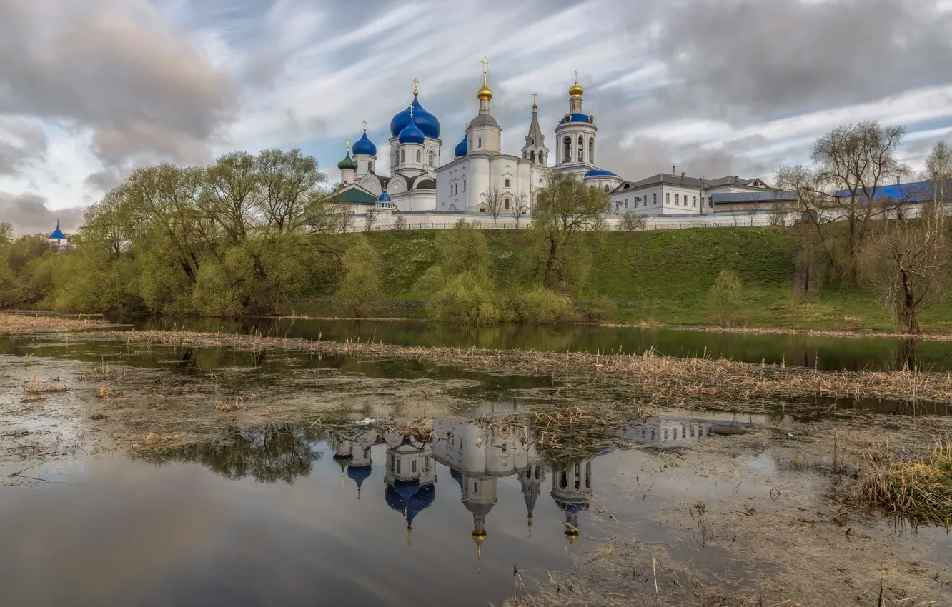 Фото обои небо, тучи, река, храм, Россия, Владимирская область, Боголюбово