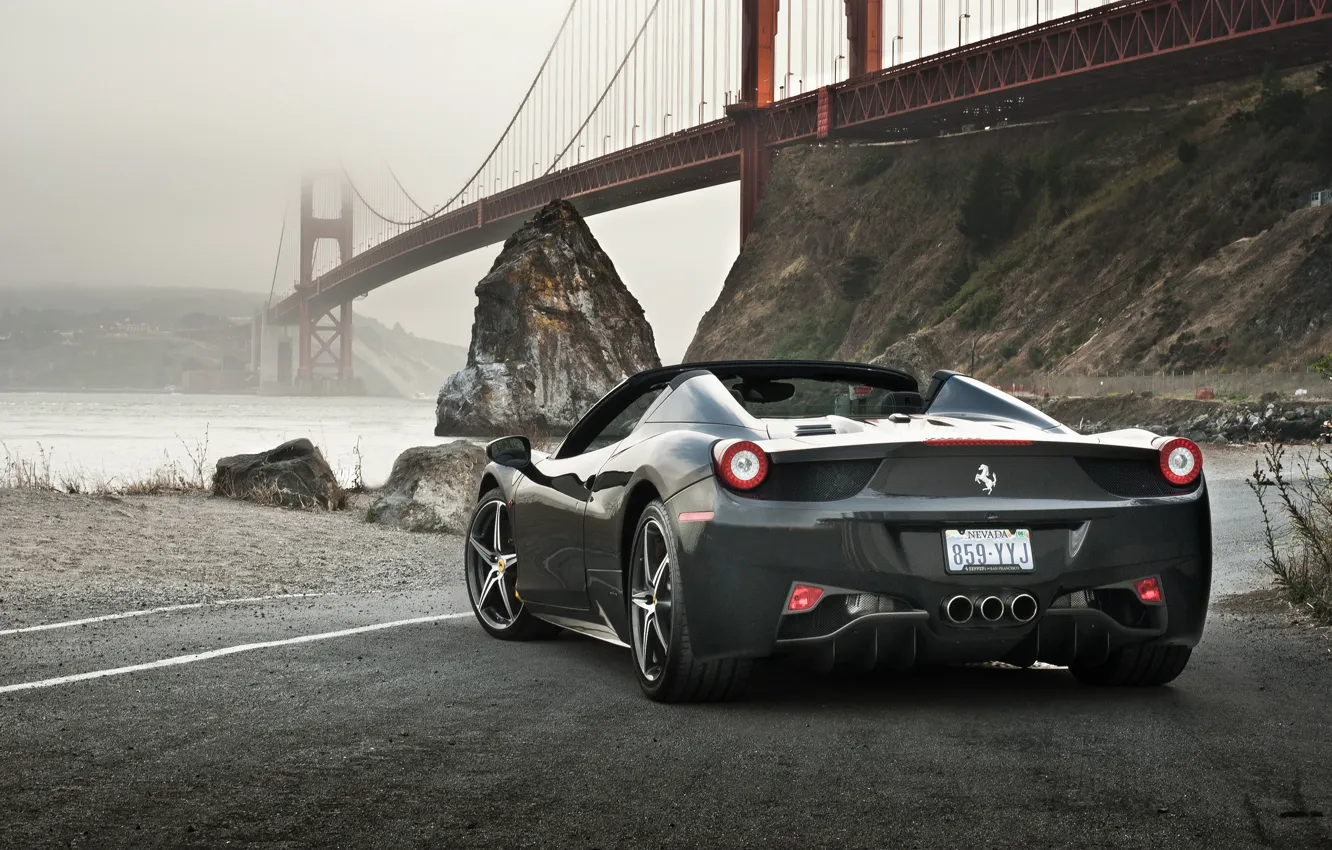 Фото обои Ferrari, 458, Bridge, Water, Back, Gray, Spider, Supercar