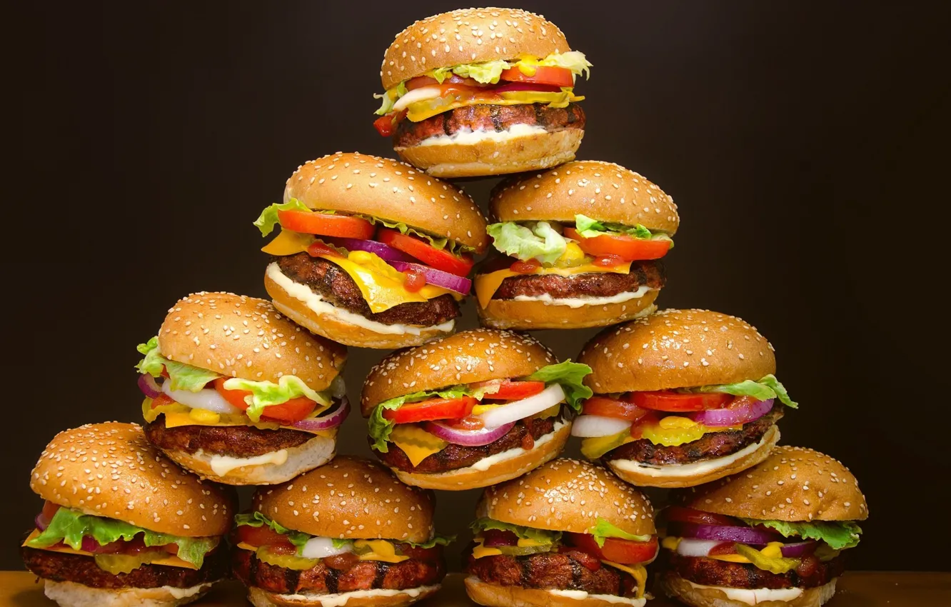 Фото обои еда, Гамбургер, хлеб, пирамида, мясо, овощи, много, булка
