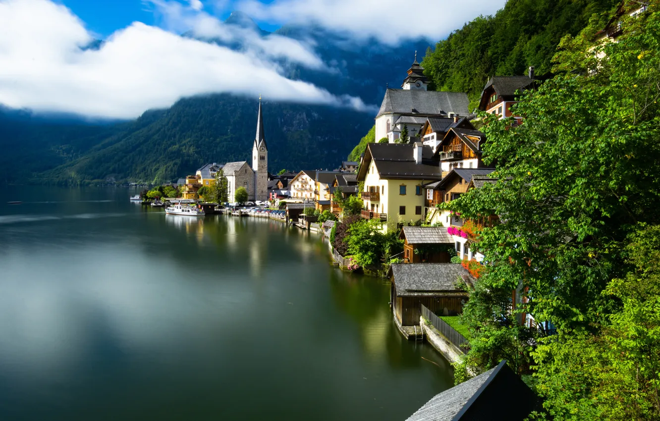 Фото обои горы, озеро, здания, дома, Австрия, Альпы, Austria, Hallstatt