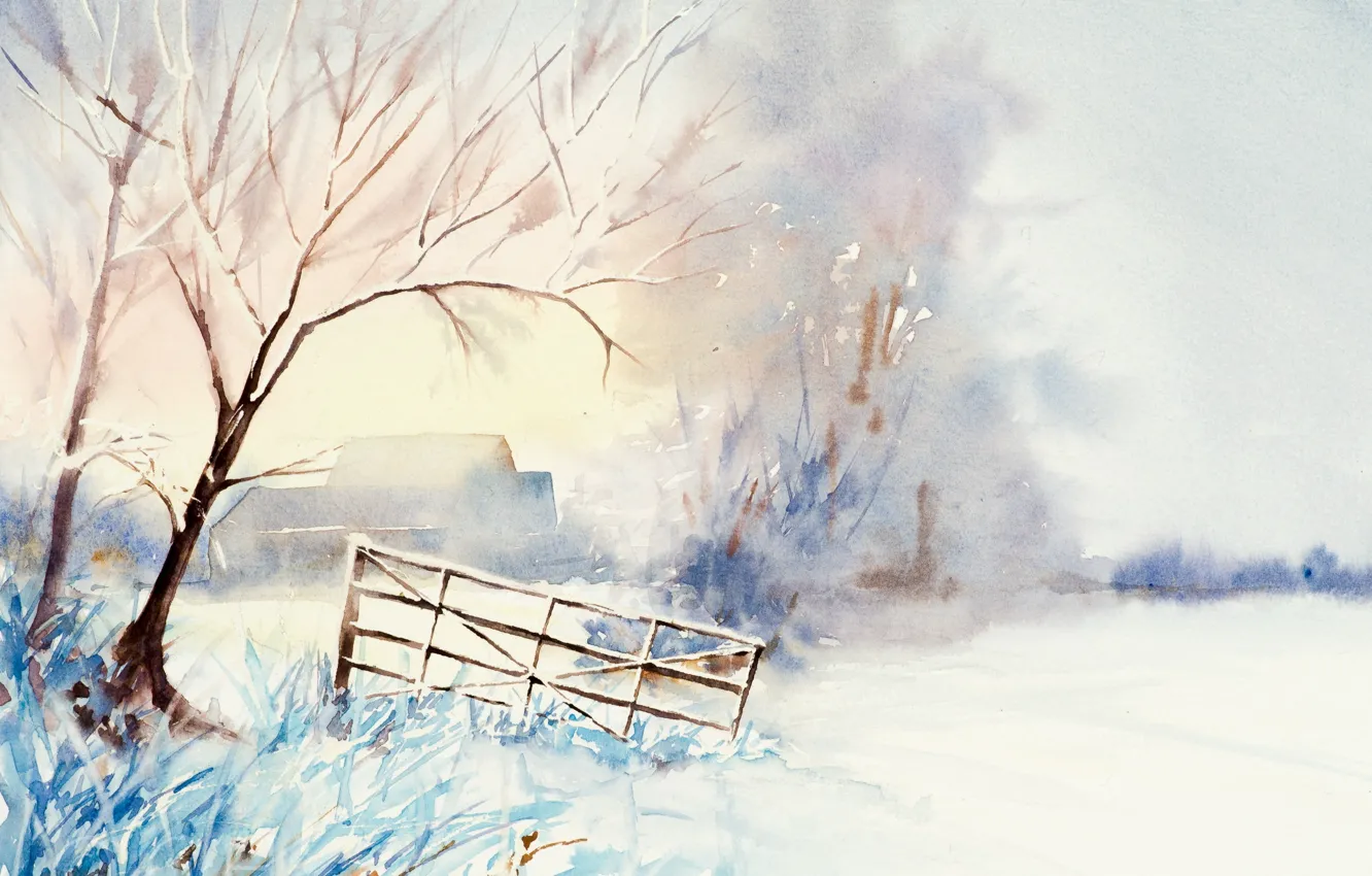 Фото обои зима, пейзаж, картина, акварель