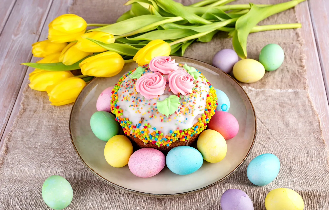 Фото обои цветы, яйца, весна, colorful, Пасха, тюльпаны, happy, cake