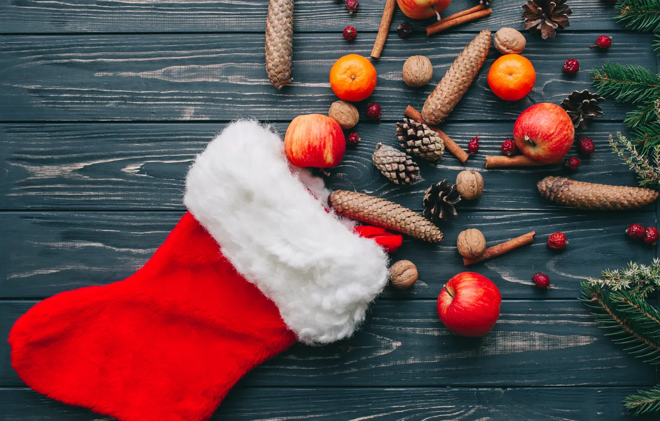 Фото обои украшения, яблоки, Новый Год, Рождество, Christmas, шишки, wood, New Year