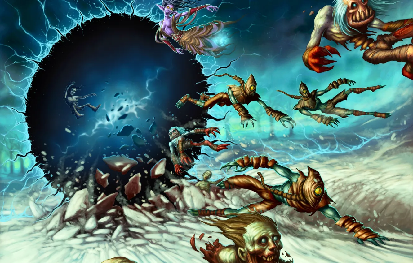 Фото обои молнии, карта, дыра, портал, арт, существа, WoW, World of Warcraft