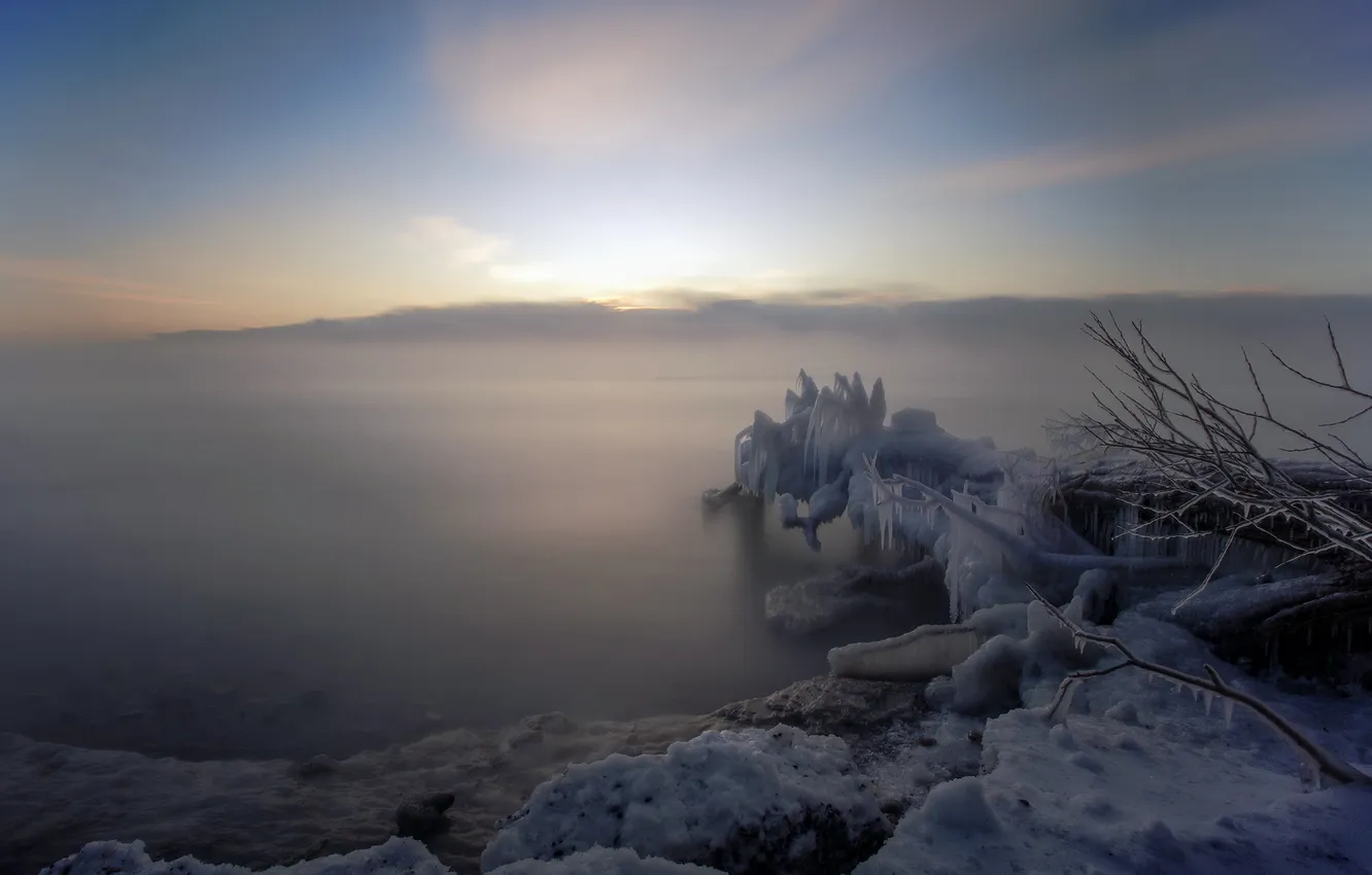 Фото обои ice, lake, morning, foggy, long exposure
