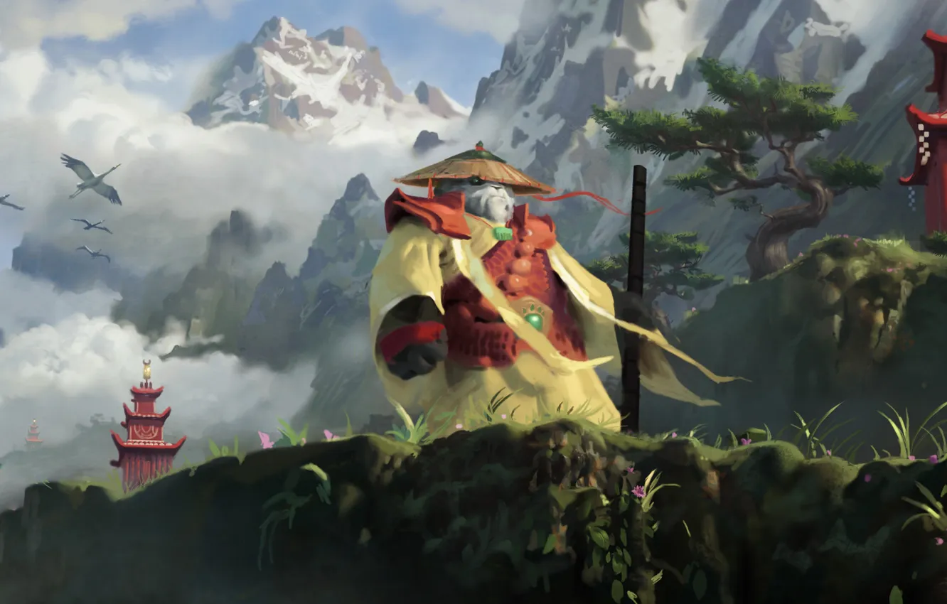 Фото обои снег, деревья, пейзаж, горы, обрыв, шляпа, панда, World of Warcraft
