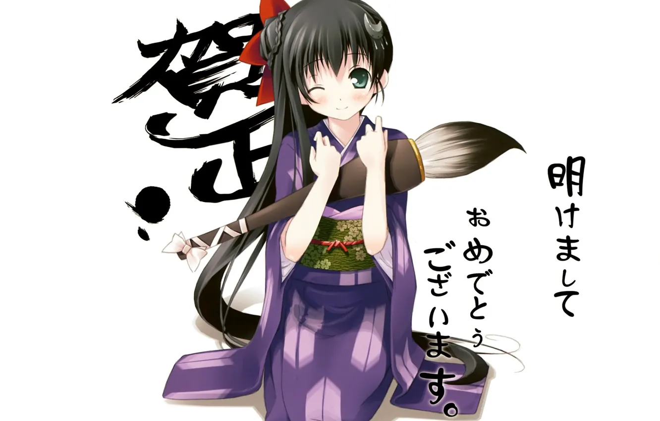 Фото обои девочка, иероглифы, кимоно, кисть, длинные волосы, подмигивание, на коленях, каллиграфические буквы