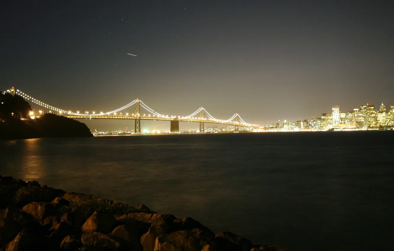 Фото обои ночь, река, Мост