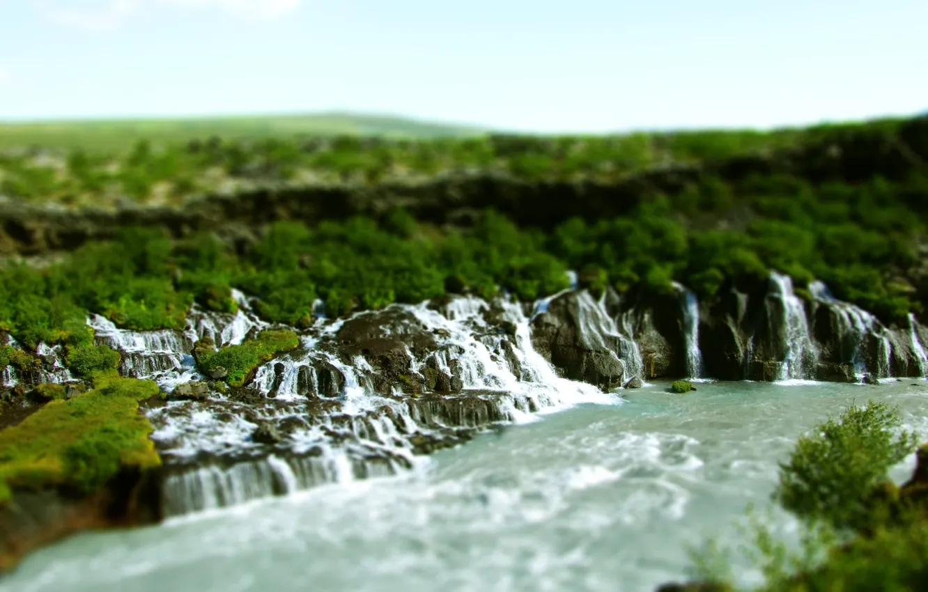 Фото обои природа, река, водопады, tilt shift, валуны, тилт шифт