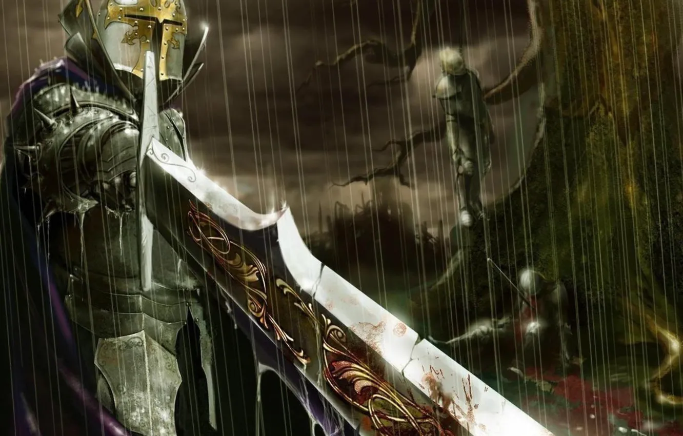 Фото обои дождь, дерево, кровь, меч, воин, трупы