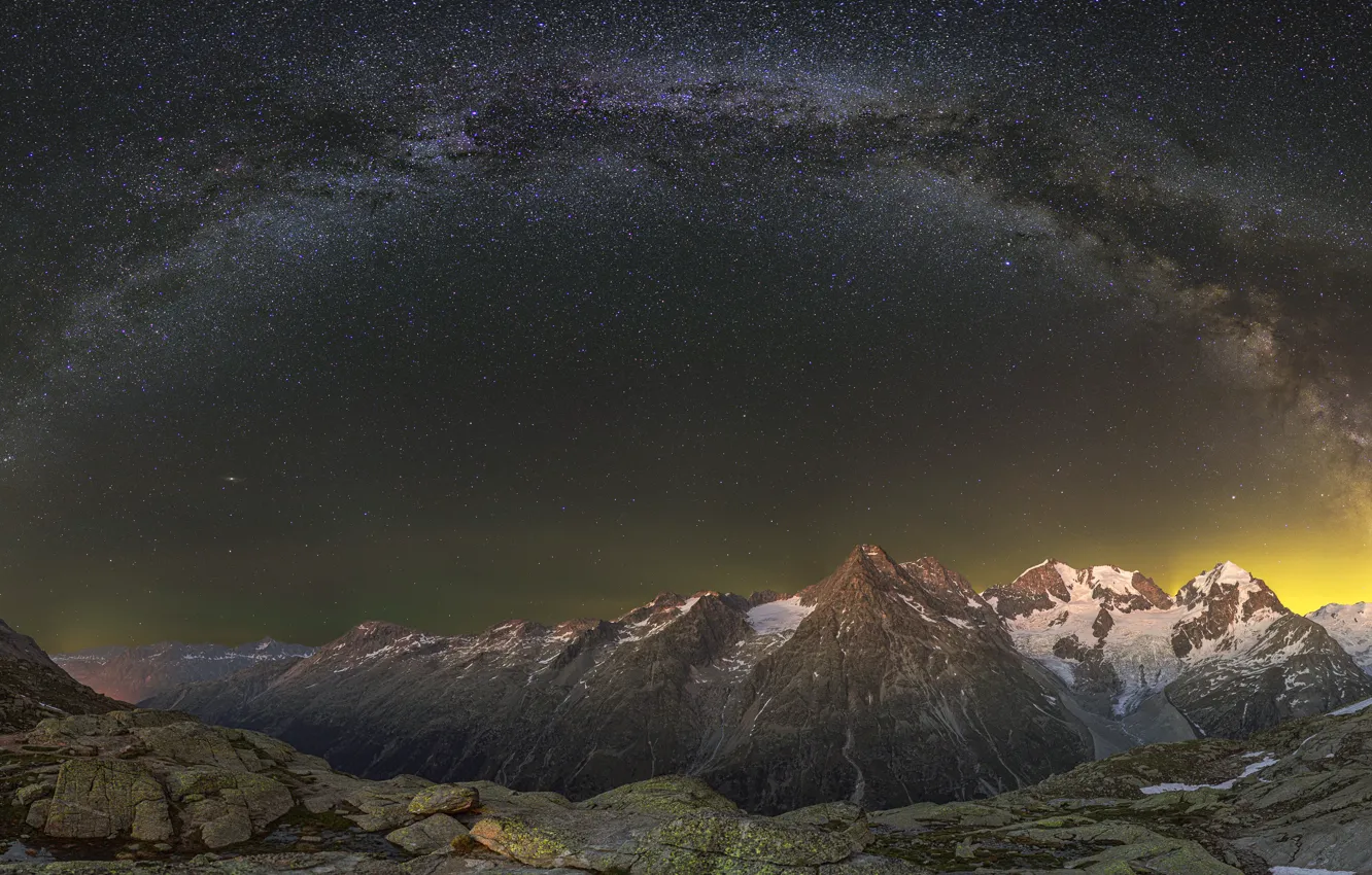 Фото обои горы, ночь, Альпы, панорама
